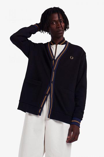 Black Fred Perry Tipped Piqué Textured Cardigan Men's Sweatshirts | PH 1618PJJQ